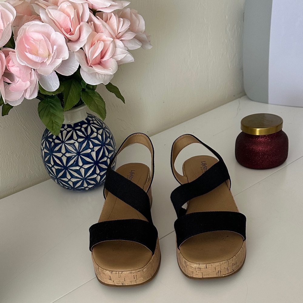 LifeStride Comfort Cork Wedge Sandals - Black